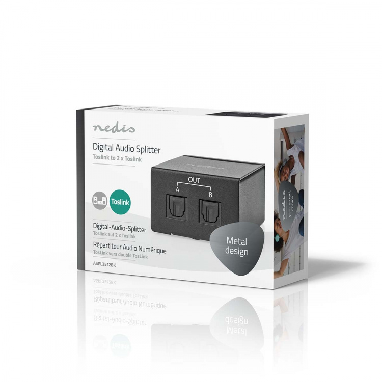 Nedis TosLink Splitter | 2-veis | Inngang for lyd-/video-/datatilkoblinger: TosLink Female | Utgang for lyd-/video-/datatilkoblinger: 2x TosLink | Trykk på knappen | Metall | Sort