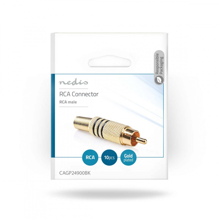 Nedis RCA Connector | Rett | Hann | Gull belagt | Lodde | Kabeltilførselsdiameter: 7.0 mm | Metall | Sort | 10 stk. | Konvolutt Nedis RCA Connector | Rett | Hann | Gull belagt | Lodde | Kabeltilførselsdiameter: 7.0 mm | Metall | Sort | 10 stk. | Konvolutt