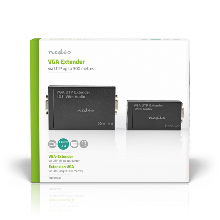 Nedis VGA extender | VGA / Audio | Avstand opp til: 300 m | Cat5e / Cat6 | 1920x1200 | Euro / Type C (CEE 7/16) Nedis VGA extender | VGA / Audio | Avstand opp til: 300 m | Cat5e / Cat6 | 1920x1200 | Euro / Type C (CEE 7/16)