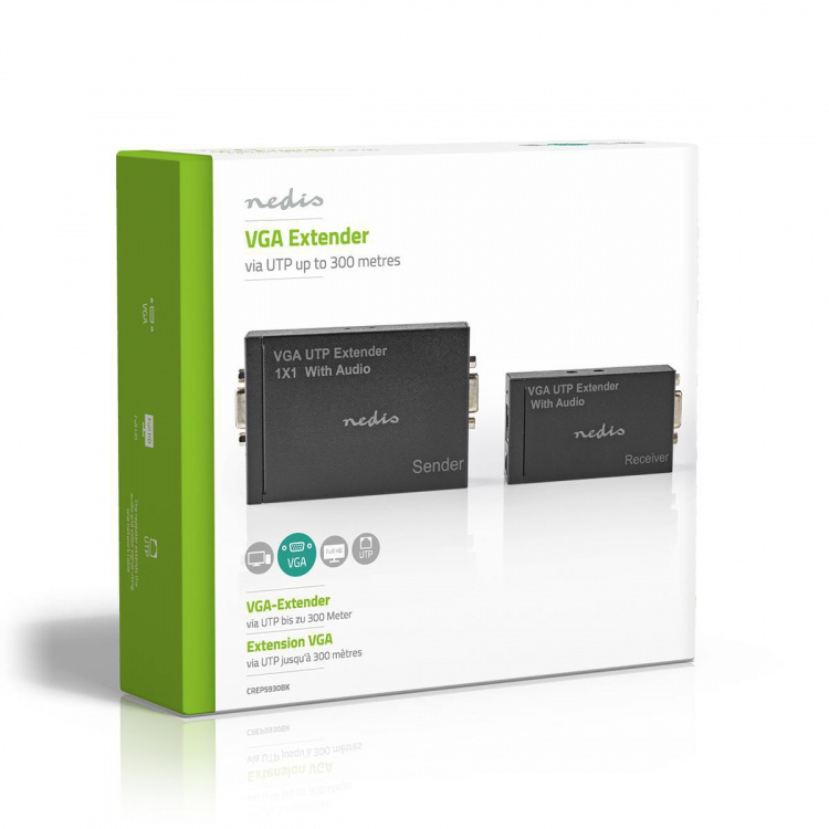 Nedis VGA extender | VGA / Audio | Avstand opp til: 300 m | Cat5e / Cat6 | 1920x1200 | Euro / Type C (CEE 7/16) Nedis VGA extender | VGA / Audio | Avstand opp til: 300 m | Cat5e / Cat6 | 1920x1200 | Euro / Type C (CEE 7/16)