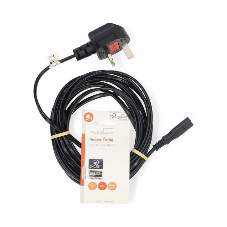 Nedis UK Strømkabel | UK Male | IEC-320-C7 | 5.00 m | Yes | 2 x 0.75 mm² | Kobber | Rund | Nikkel belagt | UK | PVC | Nettplugg: UK / Type G | 250 V AC | 3 A | Sort