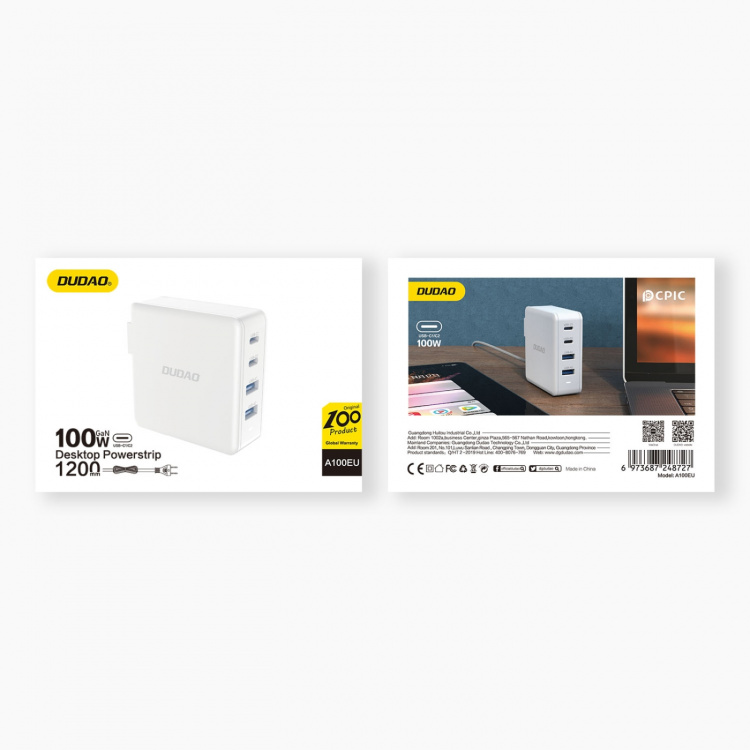 Dudao A100EU Adapter 100Watt GaN 2xUSB-C + 2xUSB-A