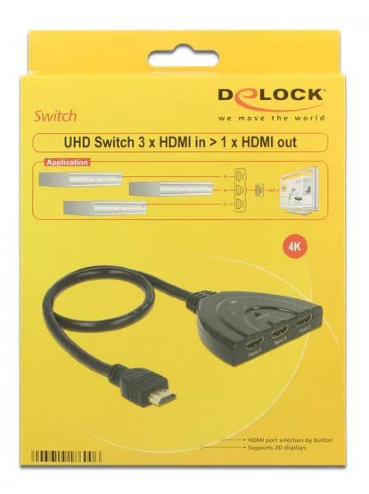 DeLOCK HDMI UHD Switch 3xHDMI>1xHDMI ut 4K integrert kabel 50 cm