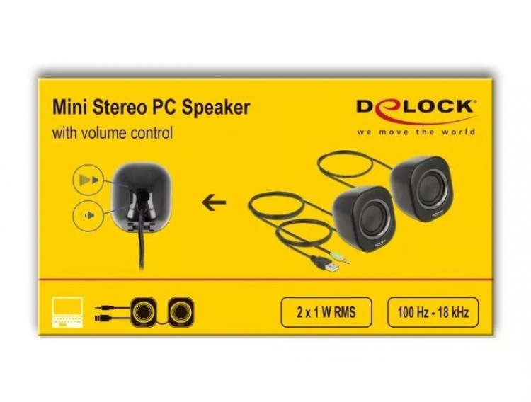 DeLOCK Mini stereohøyttaler for PC med 3,5 mm stereokontakt hann og USB