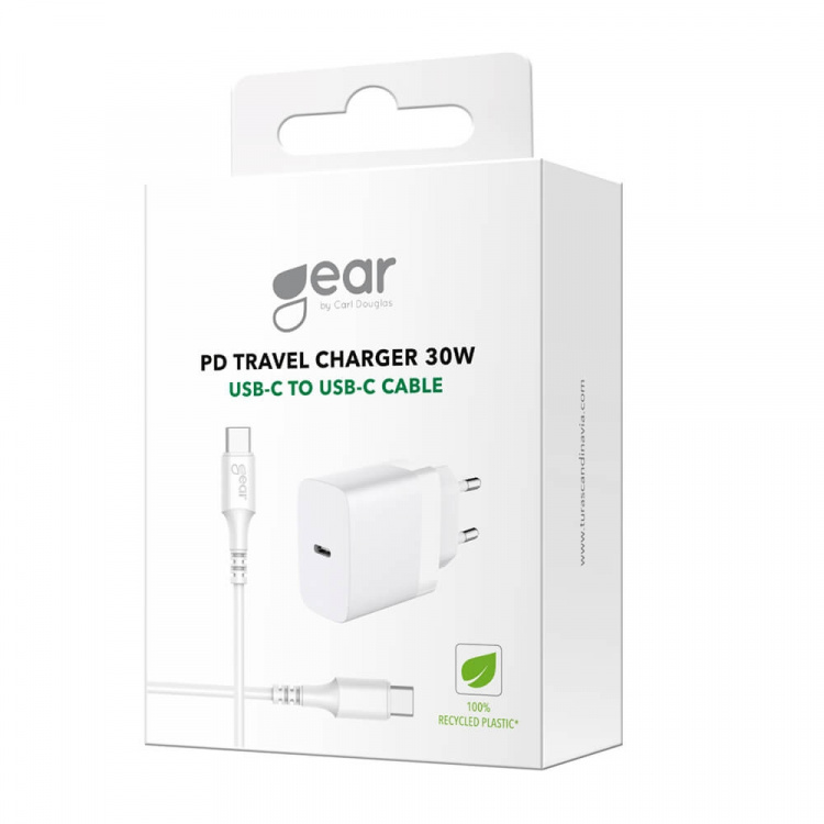 Gear Lader 220V 1xUSB-C Hvit PD/PPS 30W + Kabel USB-C til USB-C Gear Lader 220V 1xUSB-C Hvit PD/PPS 30W + Kabel USB-C til USB-C