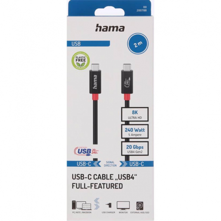 Hama Kabel USB-C USB 4.0 Gen2 20 Gbit/s 240W 2.0m Svart Hama Kabel USB-C USB 4.0 Gen2 20 Gbit/s 240W 2.0m Svart
