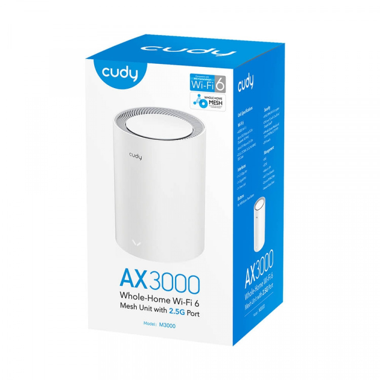 CUDY Mesh Solution M3000 1-pk AX3000 Gigabit Wi-Fi 6 2.5G Hvit CUDY Mesh Solution M3000 1-pk AX3000 Gigabit Wi-Fi 6 2.5G Hvit