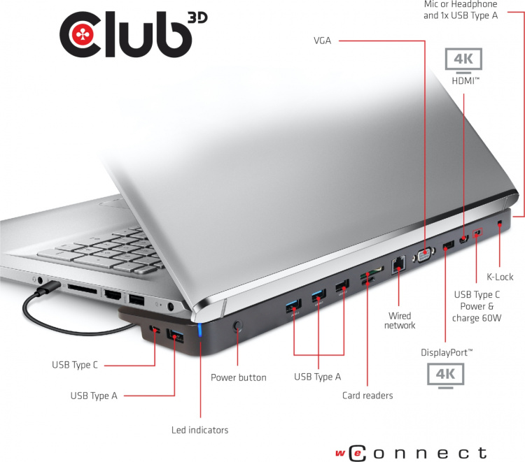 Club 3D USB Type-C Triple Display 100W-dokkingstasjon Club 3D USB Type-C Triple Display 100W-dokkingstasjon