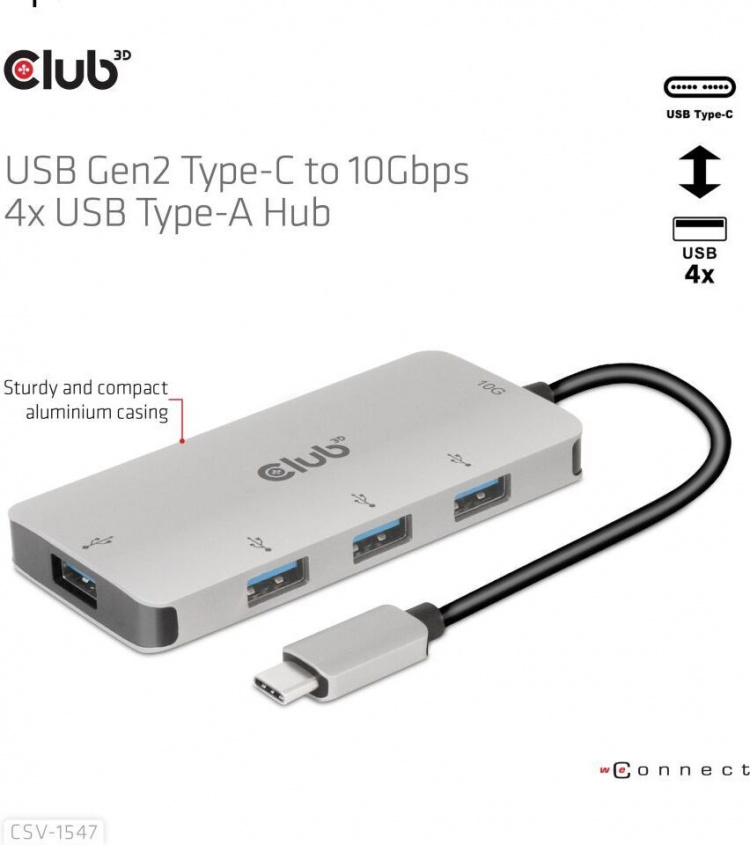 Club 3D USB Type-C til 10 Gbps 4x USB Type-A-hub Club 3D USB Type-C til 10 Gbps 4x USB Type-A-hub