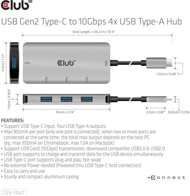 Club 3D USB Type-C til 10 Gbps 4x USB Type-A-hub Club 3D USB Type-C til 10 Gbps 4x USB Type-A-hub