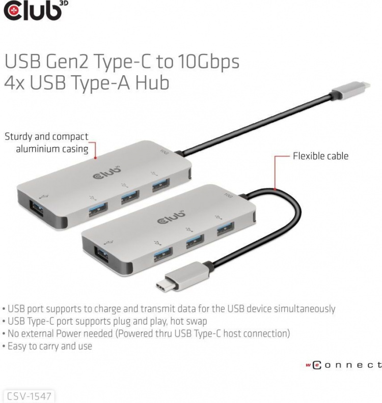 Club 3D USB Type-C til 10 Gbps 4x USB Type-A-hub Club 3D USB Type-C til 10 Gbps 4x USB Type-A-hub