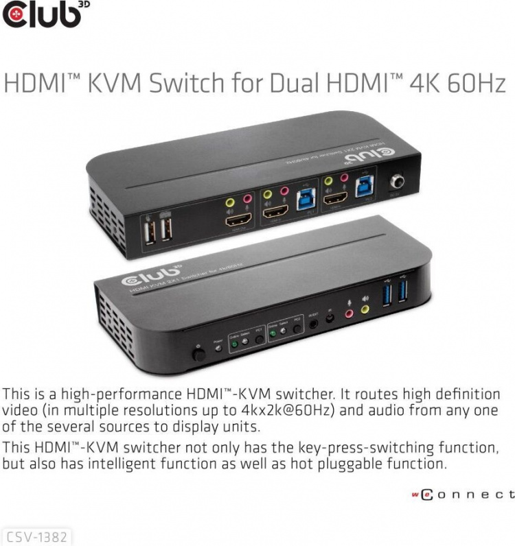 Club 3D HDMI KVM-bryter for dobbel HDMI-bryter Club 3D HDMI KVM-bryter for dobbel HDMI-bryter