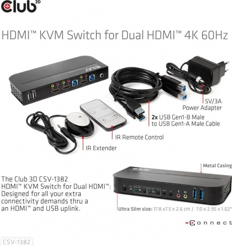Club 3D HDMI KVM-bryter for dobbel HDMI-bryter Club 3D HDMI KVM-bryter for dobbel HDMI-bryter