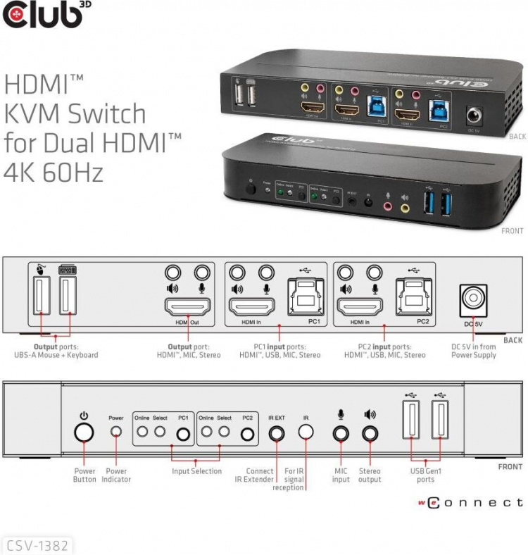 Club 3D HDMI KVM-bryter for dobbel HDMI-bryter Club 3D HDMI KVM-bryter for dobbel HDMI-bryter