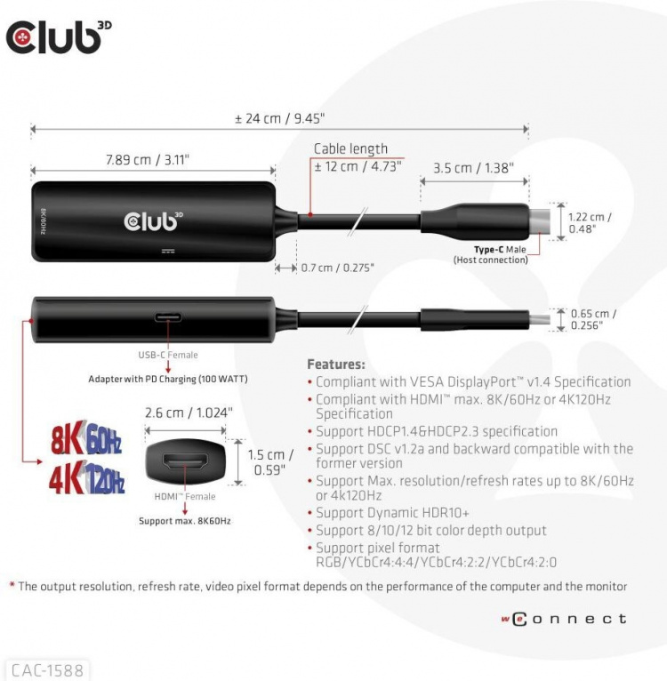 Club 3D CAC-1588 Type C - HDMI 2.1 PD 100W aktiv adapter, 4K120 Hz - 8K60Hz Club 3D CAC-1588 Type C - HDMI 2.1 PD 100W aktiv adapter, 4K120 Hz - 8K60Hz
