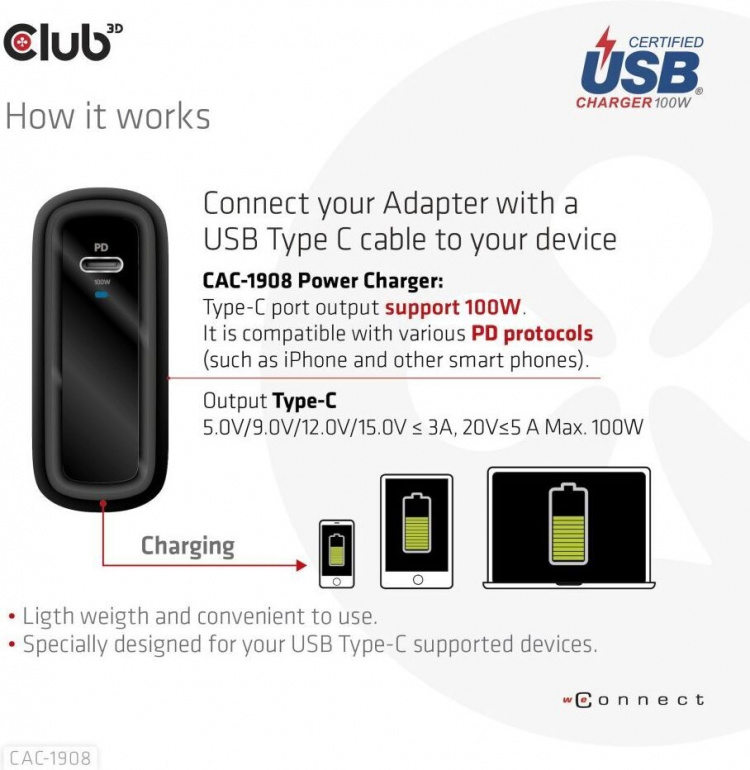 Club 3D CAC-1908EU Reiselader 100 W GaN USB-C-strømforsyning Club 3D CAC-1908EU Reiselader 100 W GaN USB-C-strømforsyning