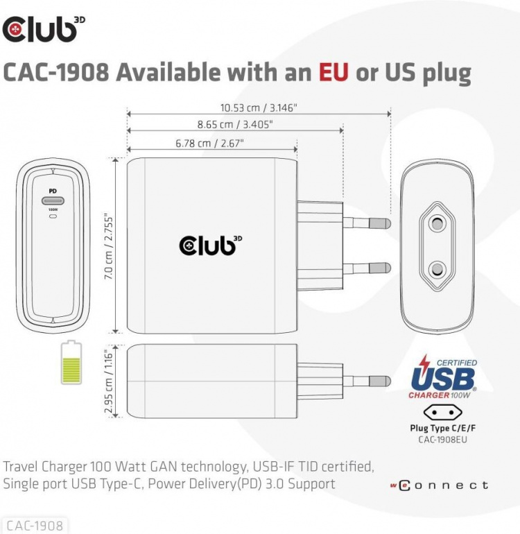 Club 3D CAC-1908EU Reiselader 100 W GaN USB-C-strømforsyning Club 3D CAC-1908EU Reiselader 100 W GaN USB-C-strømforsyning