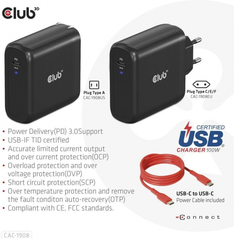 Club 3D CAC-1908EU Reiselader 100 W GaN USB-C-strømforsyning Club 3D CAC-1908EU Reiselader 100 W GaN USB-C-strømforsyning