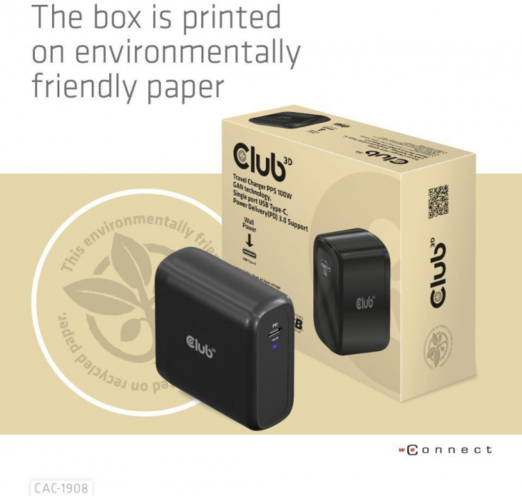 Club 3D CAC-1908EU Reiselader 100 W GaN USB-C-strømforsyning Club 3D CAC-1908EU Reiselader 100 W GaN USB-C-strømforsyning