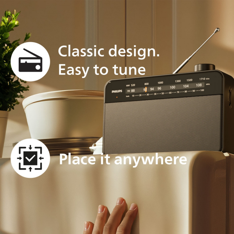 Philips Bærbar analog FM/MW-radio TAR2509. Nett- eller batteridrevet Philips Bærbar analog FM/MW-radio TAR2509. Nett- eller batteridrevet