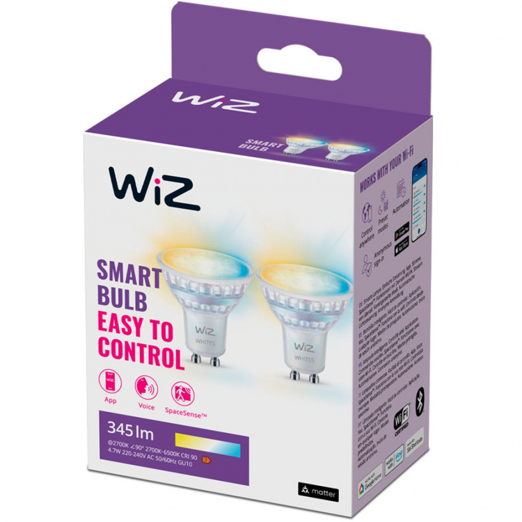WiZ WiFi Smart LED GU10 50W 345lm varm-kald hvit 2-pk WiZ WiFi Smart LED GU10 50W 345lm varm-kald hvit 2-pk