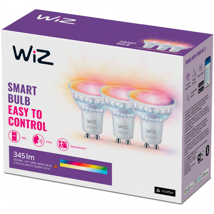 WiZ WiFi Smart LED GU10 50W 345lm farge + varm-kaldhvit 3-pakning WiZ WiFi Smart LED GU10 50W 345lm farge + varm-kaldhvit 3-pakning