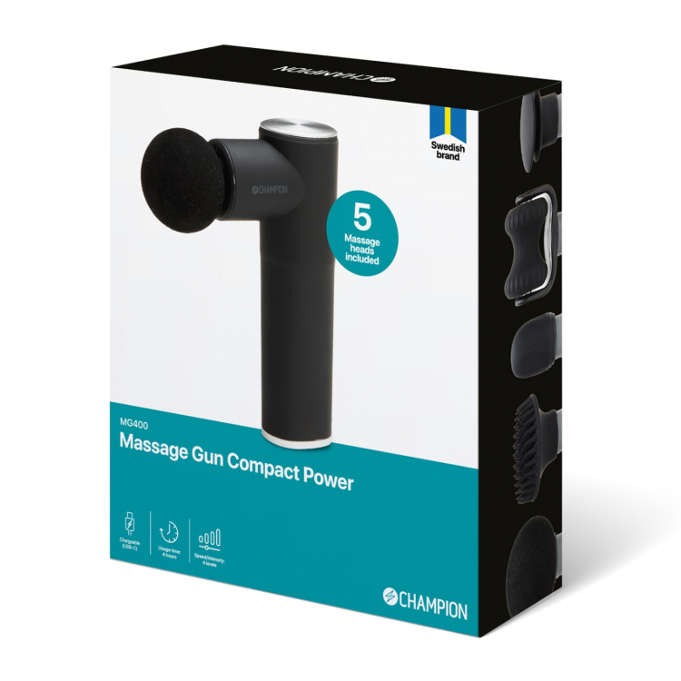 Champion Massasjepistol Compact Power 3300RPM 1800mAh MG400 Svart/sølv