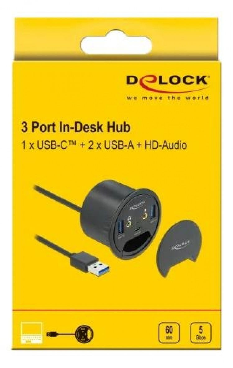 DeLOCK 3-port USB-hub på skrivebordet 1 x USB Type-C og 2 x USB Type-A +HD