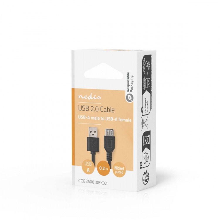 Nedis USB-kabel | USB 2.0 | USB-A Han | USB-A Hun | 480 Mbps | Nikkel belagt | 0.20 m | Rund | PVC | Sort | Boks Nedis USB-kabel | USB 2.0 | USB-A Han | USB-A Hun | 480 Mbps | Nikkel belagt | 0.20 m | Rund | PVC | Sort | Boks