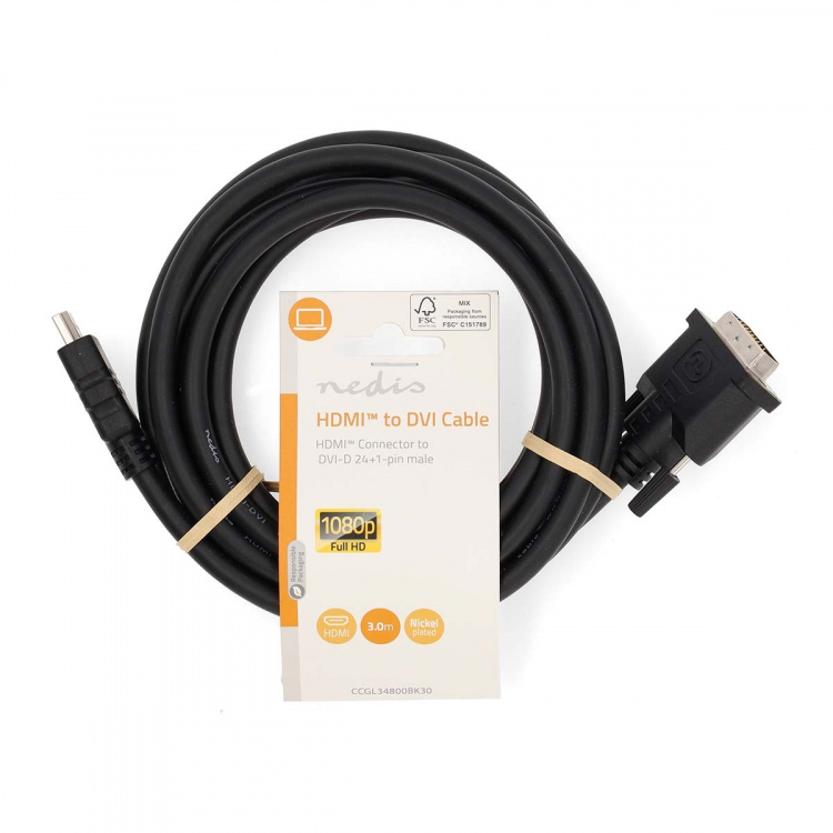 Nedis HDMI™ Cable | HDMI ™ -kontakt | DVI-D 24+1-Pin Han | 1080p | Nikkel belagt | 3.00 m | Rett | PVC | Sort | Label Nedis HDMI™ Cable | HDMI ™ -kontakt | DVI-D 24+1-Pin Han | 1080p | Nikkel belagt | 3.00 m | Rett | PVC | Sort | Label