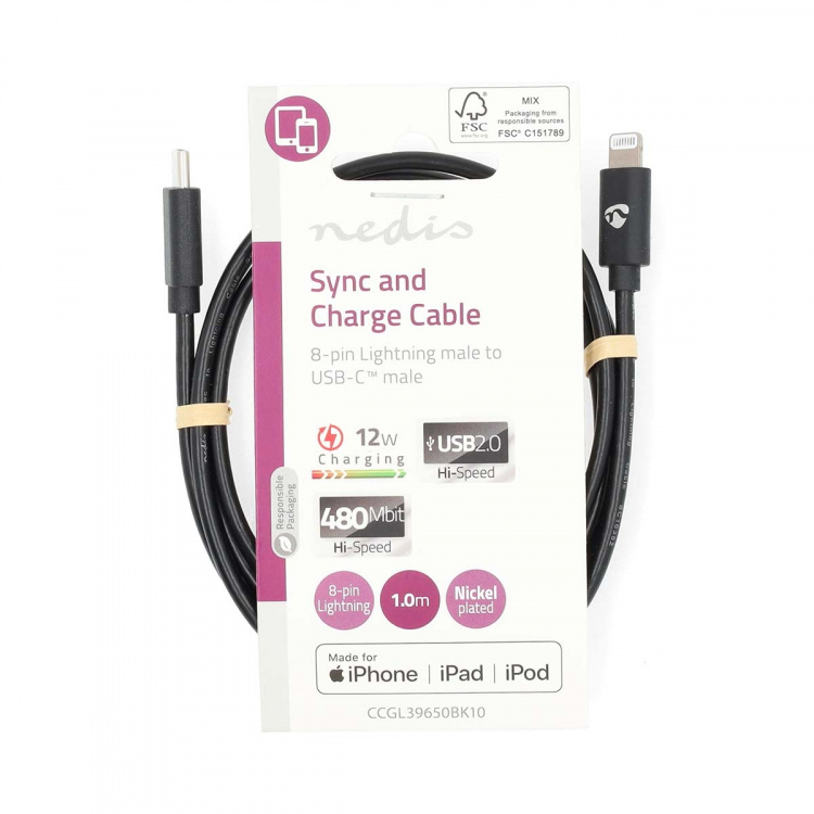 Nedis Lightning Kabel | USB 2.0 | Apple Lightning 8-Pinners | USB-C™ Hann | 480 Mbps | Nikkel belagt | 1.00 m | Rund | PVC | Sort | Label