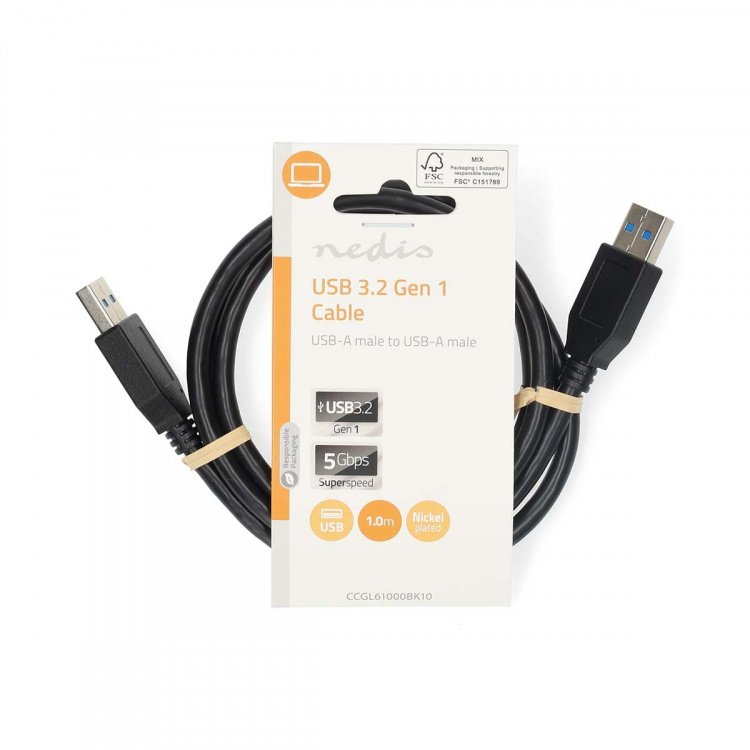 Nedis USB-kabel | USB 3.2 Gen 1 | USB-A Han | USB-A Han | 5 Gbps | Nikkel belagt | 1.00 m | Rund | PVC | Sort | Label Nedis USB-kabel | USB 3.2 Gen 1 | USB-A Han | USB-A Han | 5 Gbps | Nikkel belagt | 1.00 m | Rund | PVC | Sort | Label