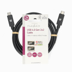 Nedis USB-kabel | USB 4.0 Gen 2x2 | USB-C™ Hann | USB-C™ Hann | 240 W | 8K@60Hz | 20 Gbps | Nikkel belagt | 2.00 m | Rund | PVC | Sort | Label