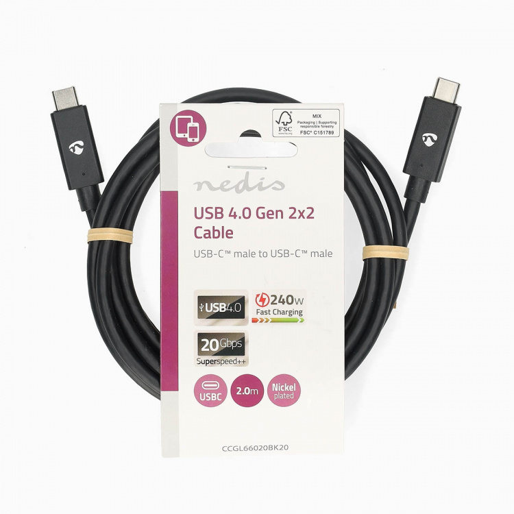 Nedis USB-kabel | USB 4.0 Gen 2x2 | USB-C™ Hann | USB-C™ Hann | 240 W | 8K@60Hz | 20 Gbps | Nikkel belagt | 2.00 m | Rund | PVC | Sort | Label