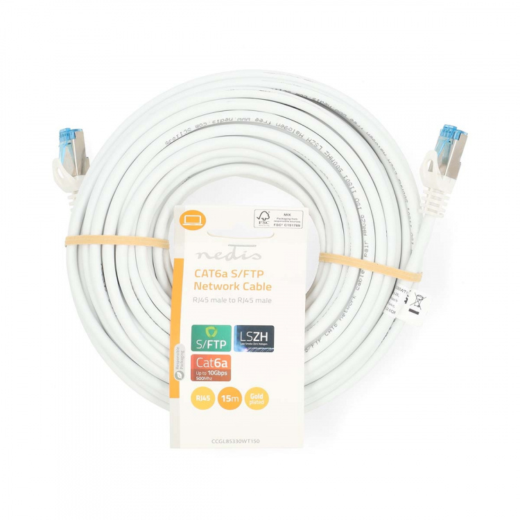 Nedis CAT6a nettverkskabel | S/FTP | RJ45 Han | RJ45 Han | 15.0 m | Snagless | Rund | LSZH | Hvit | Label Nedis CAT6a nettverkskabel | S/FTP | RJ45 Han | RJ45 Han | 15.0 m | Snagless | Rund | LSZH | Hvit | Label