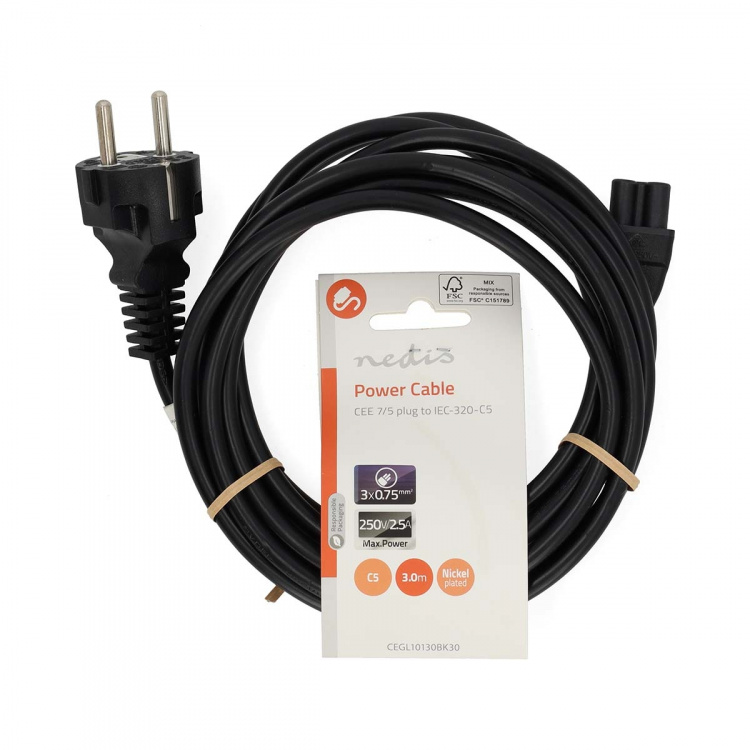 Nedis Strømkabel | Jordet kontakt han | IEC-320-C5 | Rett | Rett | Nikkel belagt | 3.00 m | Rund | PVC | Sort | Label