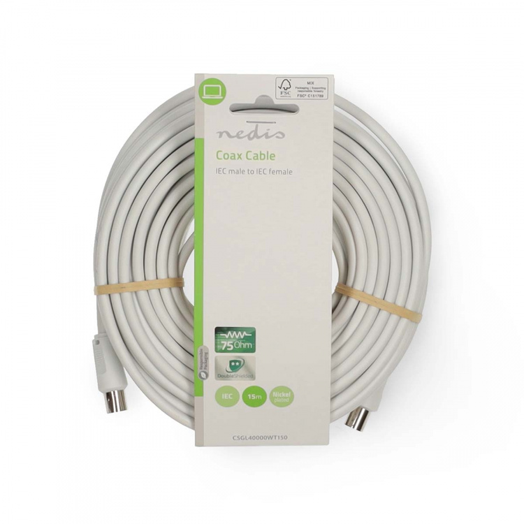 Nedis Coax Cable | IEC (Coax) Han | IEC (Coax) Hun | Nikkel belagt | 90 dB | 75 Ohm | Dobbelt skjermet | 15.0 m | Rund | PVC | Hvit | Label