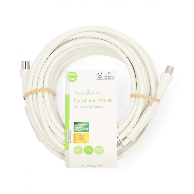 Nedis Coax Cable | IEC (Coax) Han | IEC (Coax) Hun | Nikkel belagt | 120 dB | 75 Ohm | Quad skjermet | 10.0 m | Rund | PVC | Hvit | Label