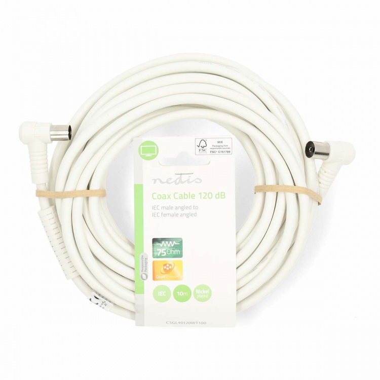 Nedis Coax Cable | IEC (Coax) Han | IEC (Coax) Hun | Nikkel belagt | 120 dB | 75 Ohm | Quad skjermet | 10.0 m | Rund | PVC | Hvit | Label