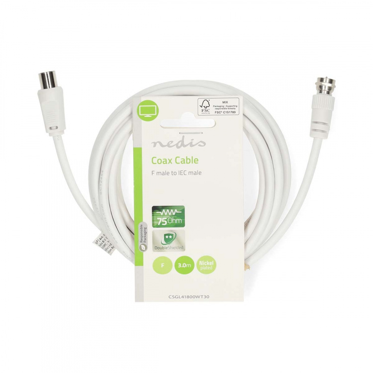 Nedis Satellite & Antennekabel | F Han | IEC (Coax) Han | Nikkel belagt | 75 Ohm | Dobbelt skjermet | 3.00 m | Rund | PVC | Hvit | Label