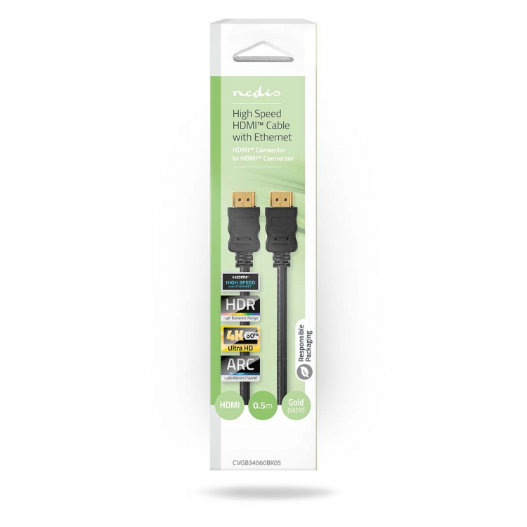 Nedis High Speed ​​HDMI ™ kabel med Ethernet | HDMI ™ -kontakt | HDMI ™ -kontakt | 4K@60Hz | ARC | 18 Gbps | 0.50 m | Rund | PVC | Sort | Boks