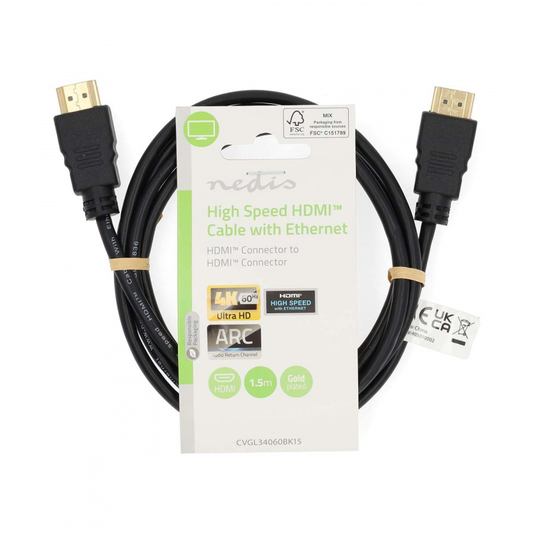 Nedis High Speed ​​HDMI ™ kabel med Ethernet | HDMI ™ -kontakt | HDMI ™ -kontakt | 4K@60Hz | ARC | 18 Gbps | 1.50 m | Rund | PVC | Sort | Label