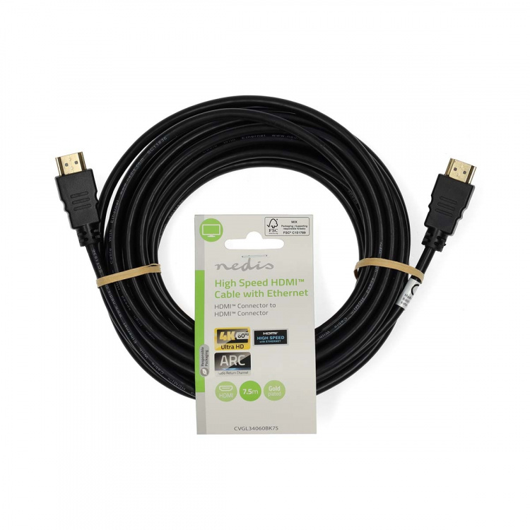 Nedis High Speed ​​HDMI ™ kabel med Ethernet | HDMI ™ -kontakt | HDMI ™ -kontakt | 4K@60Hz | ARC | 18 Gbps | 7.50 m | Rund | PVC | Sort | Label
