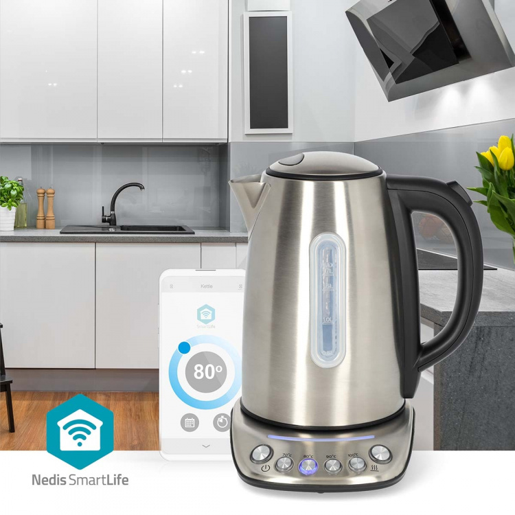 Nedis SmartLife Vannkoker | Wi-Fi | 1.7 l | Rustfritt Stål | 70,80,90,100 °C | Temperaturindikator | Roterbar 360 grader | Skjult varmeelement | Strix® kontroll | Android™ / IOS Nedis SmartLife Vannkoker | Wi-Fi | 1.7 l | Rustfritt Stål | 70,80,90,100 °C | Temperaturindikator | Roterbar 360 grader | Skjult varmeelement | Strix® kontroll | Android™ / IOS