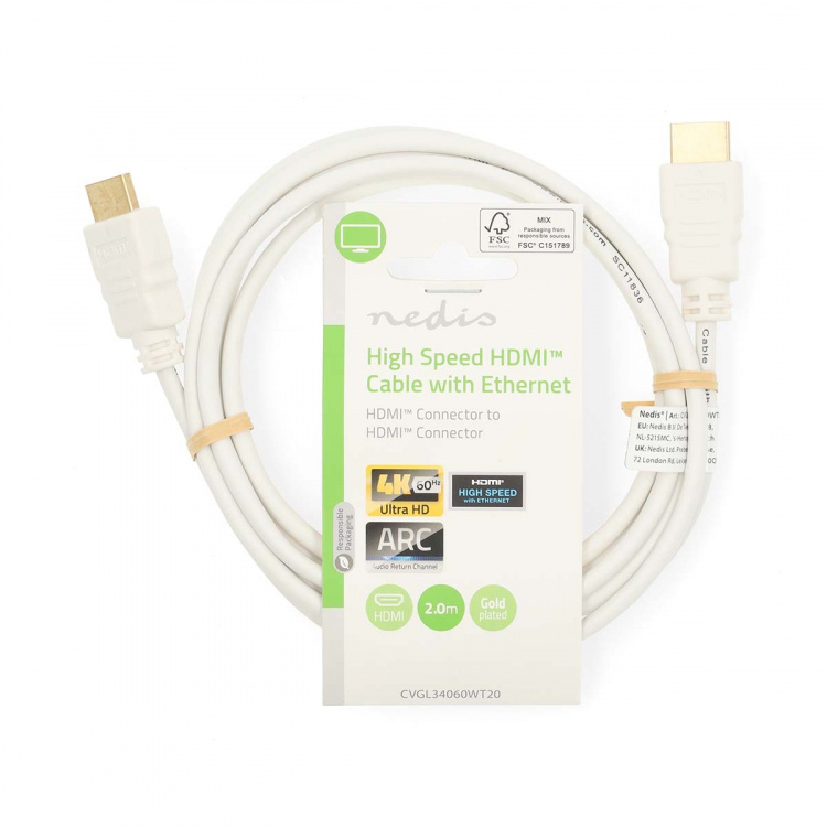Nedis High Speed HDMI ™ kabel med Ethernet | HDMI ™ -kontakt | HDMI ™ -kontakt | 4K@60Hz | ARC | 18 Gbps | 2.00 m | Rund | PVC | Hvit | Label Nedis High Speed HDMI ™ kabel med Ethernet | HDMI ™ -kontakt | HDMI ™ -kontakt | 4K@60Hz | ARC | 18 Gbps | 2.00 m | Rund | PVC | Hvit | Label