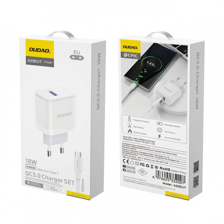 Dudao A20EU USB-A 18W nätladdare - vit + USB-A - USB-C-kabel