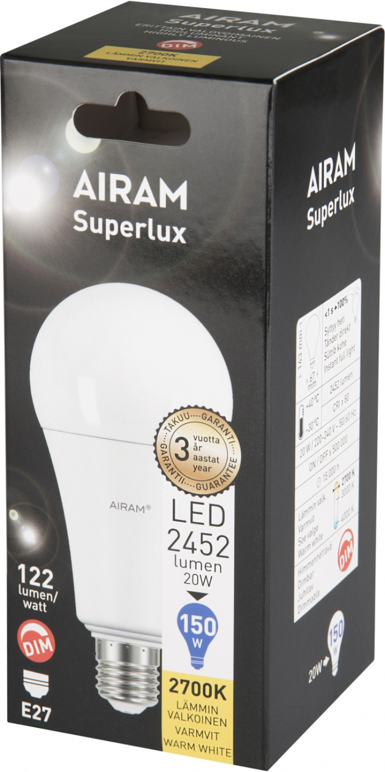 Airam Superlux 19 W kompaktlysrør DIM, E27, 2700 K, 2452 lm Airam Superlux 19 W kompaktlysrør DIM, E27, 2700 K, 2452 lm