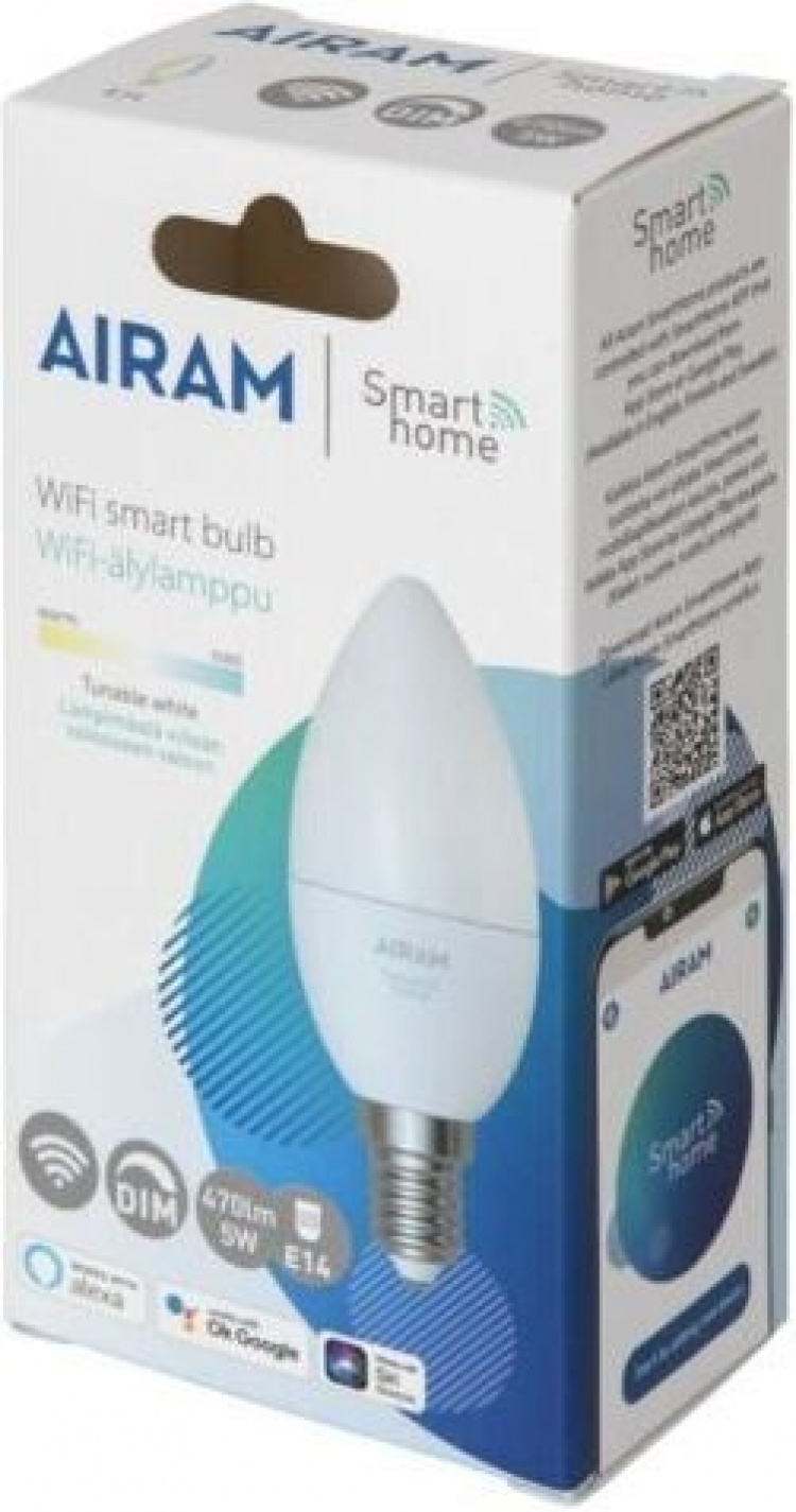 Airam SmartHome stearinlyslampe, E14, opal, 470 lm, tunable white, WiFi Airam SmartHome stearinlyslampe, E14, opal, 470 lm, tunable white, WiFi