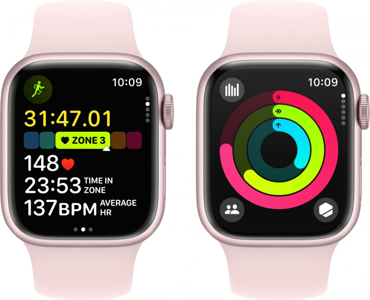 Apple Watch Series 9 (GPS) 41 mm rosa aluminiumsdeksel og rosa sportsrem, M/L (MR943)