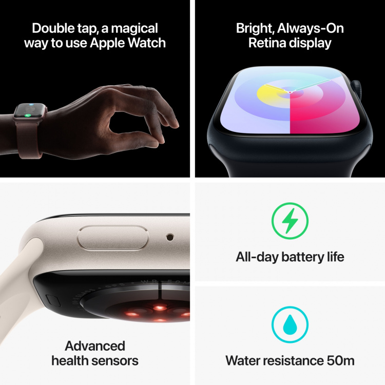 Apple Watch Series 9 (GPS) 45 mm midnattsblå aluminiumsdeksel og midnattsblå sportsrem, M/L (MR9A3)